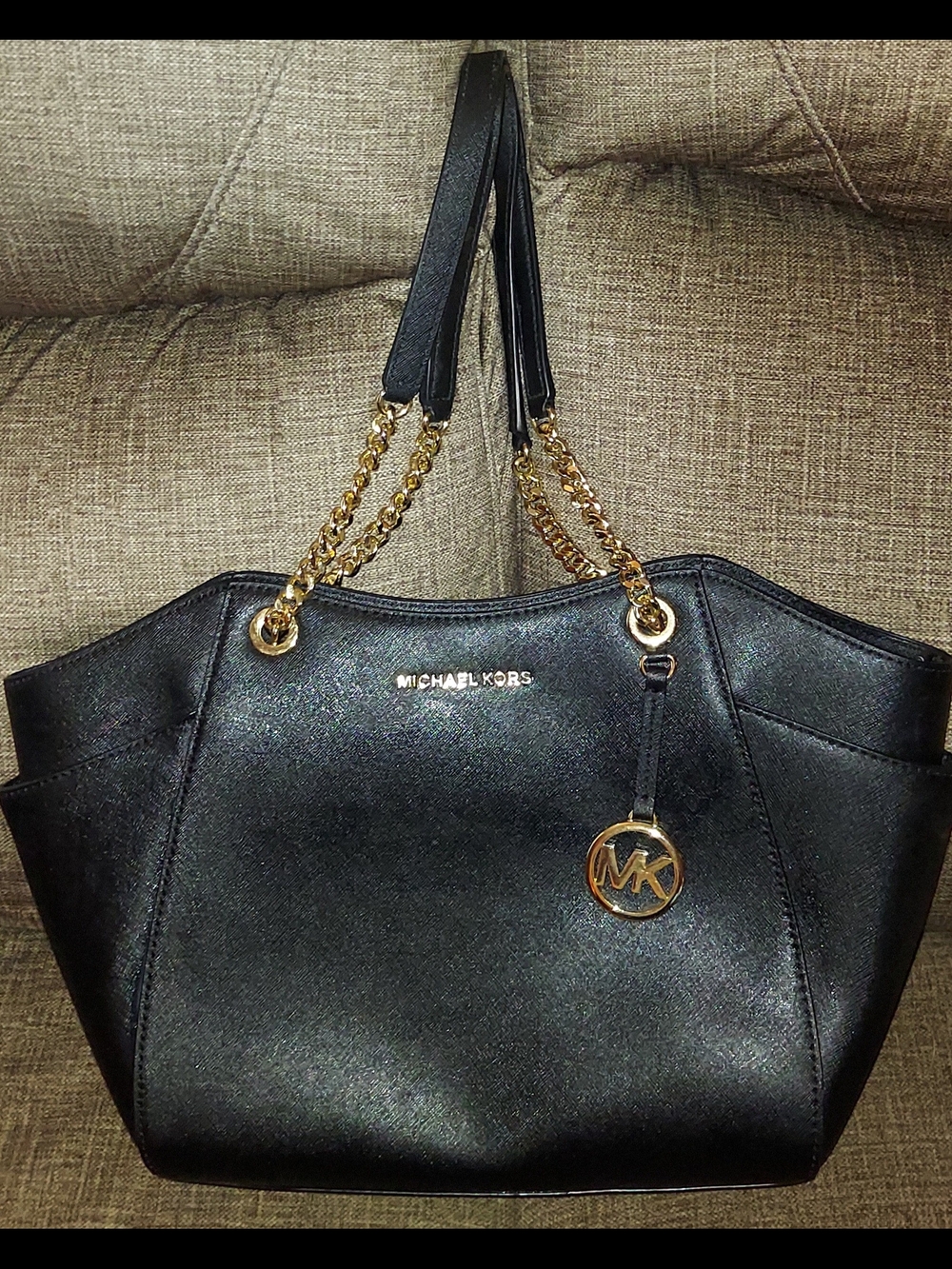 Michael Kors Black Tote with Gold Chain-Strap and MK Charm